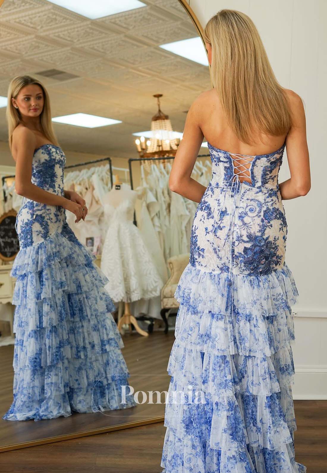 Blue A-Line Sleeveless Strapless Prom Dress with Ruffles Evening Party Dress