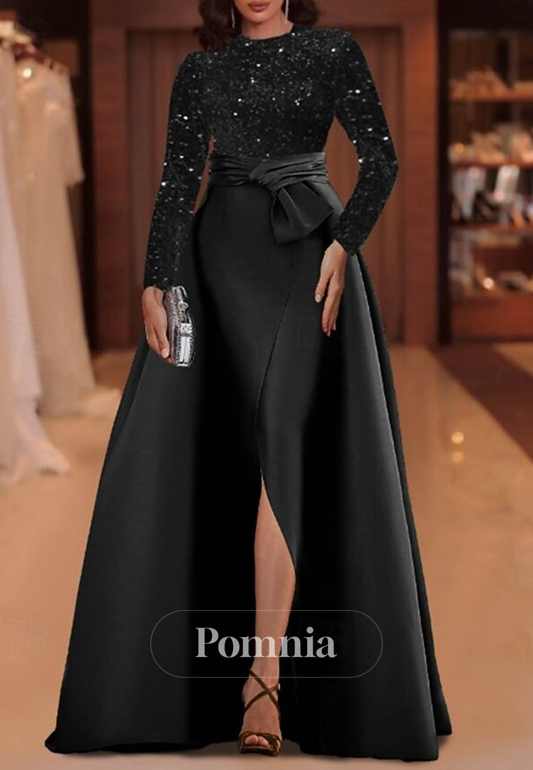 Long Sleeves Scoop Sequins Slit Satin Evening Dress