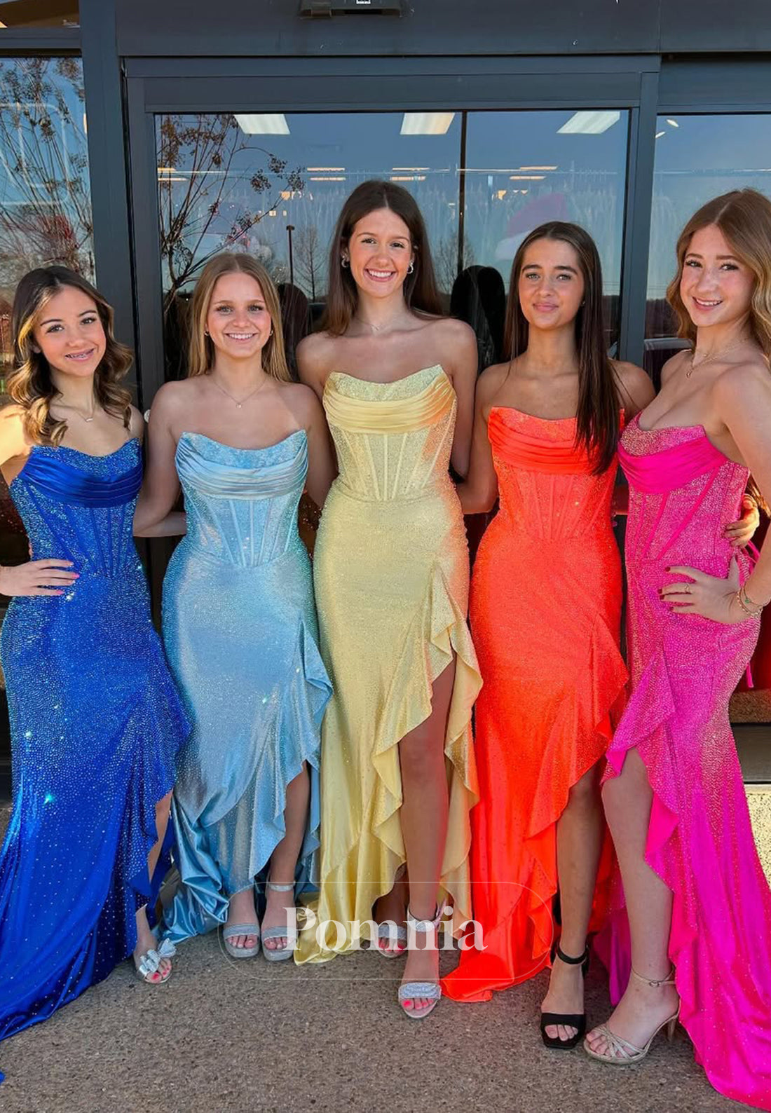 Sparkly Orange Strapless Prom Dress Mermaid Beaded Evening Party Dress
