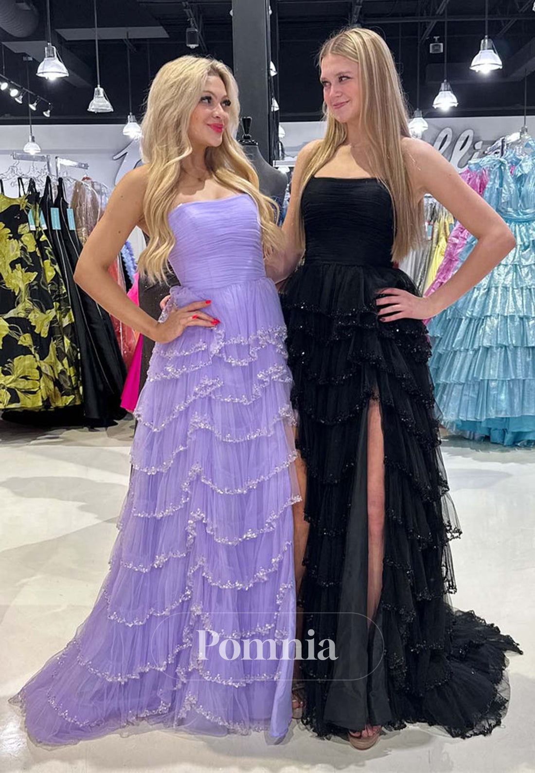 A-Line Sleeveless Strapless Prom Dress with Slit Ruffles Evening Party Dress