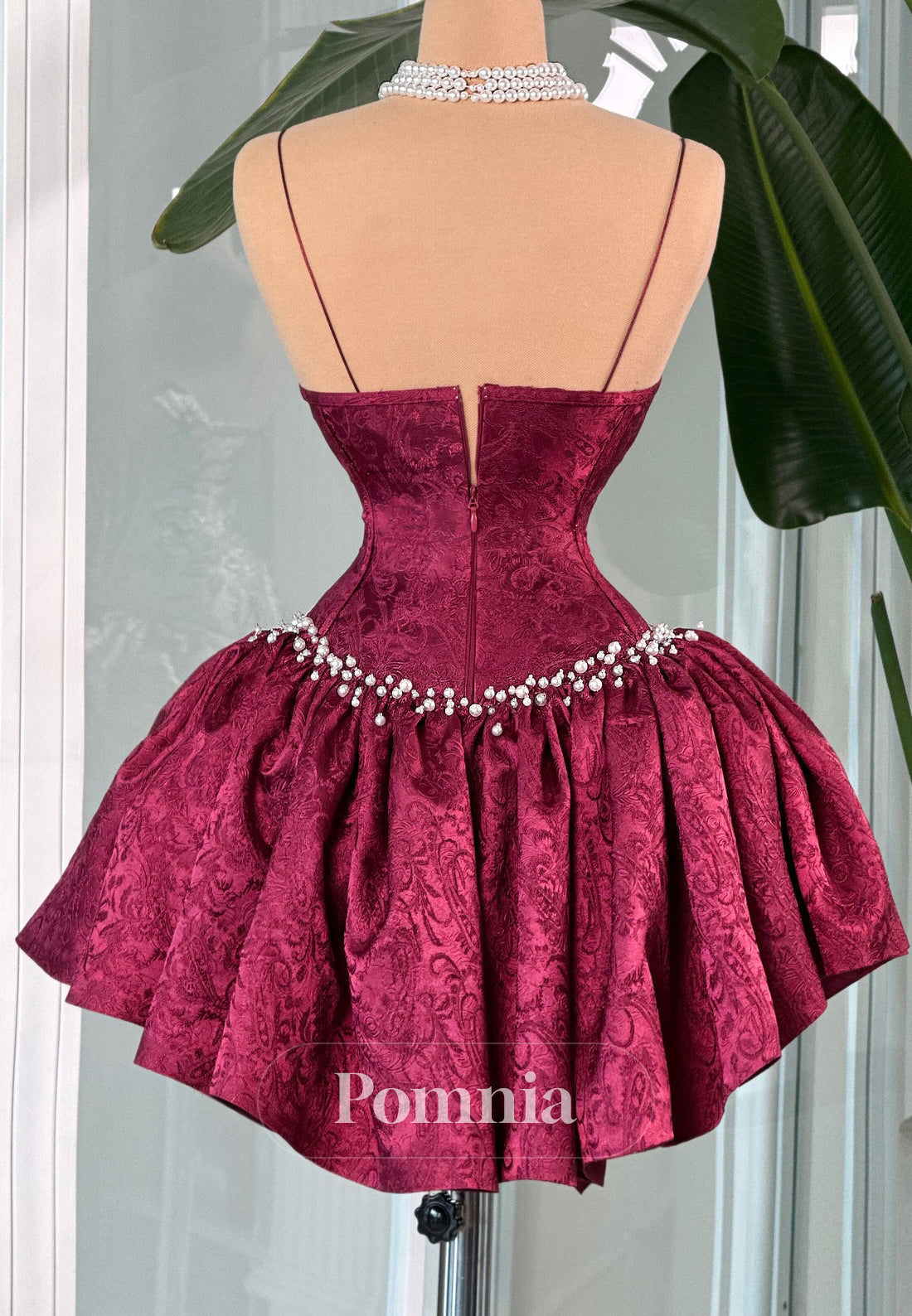 Mulberry Spaghetti Straps Sweetheart Pearls Homecoming Dress