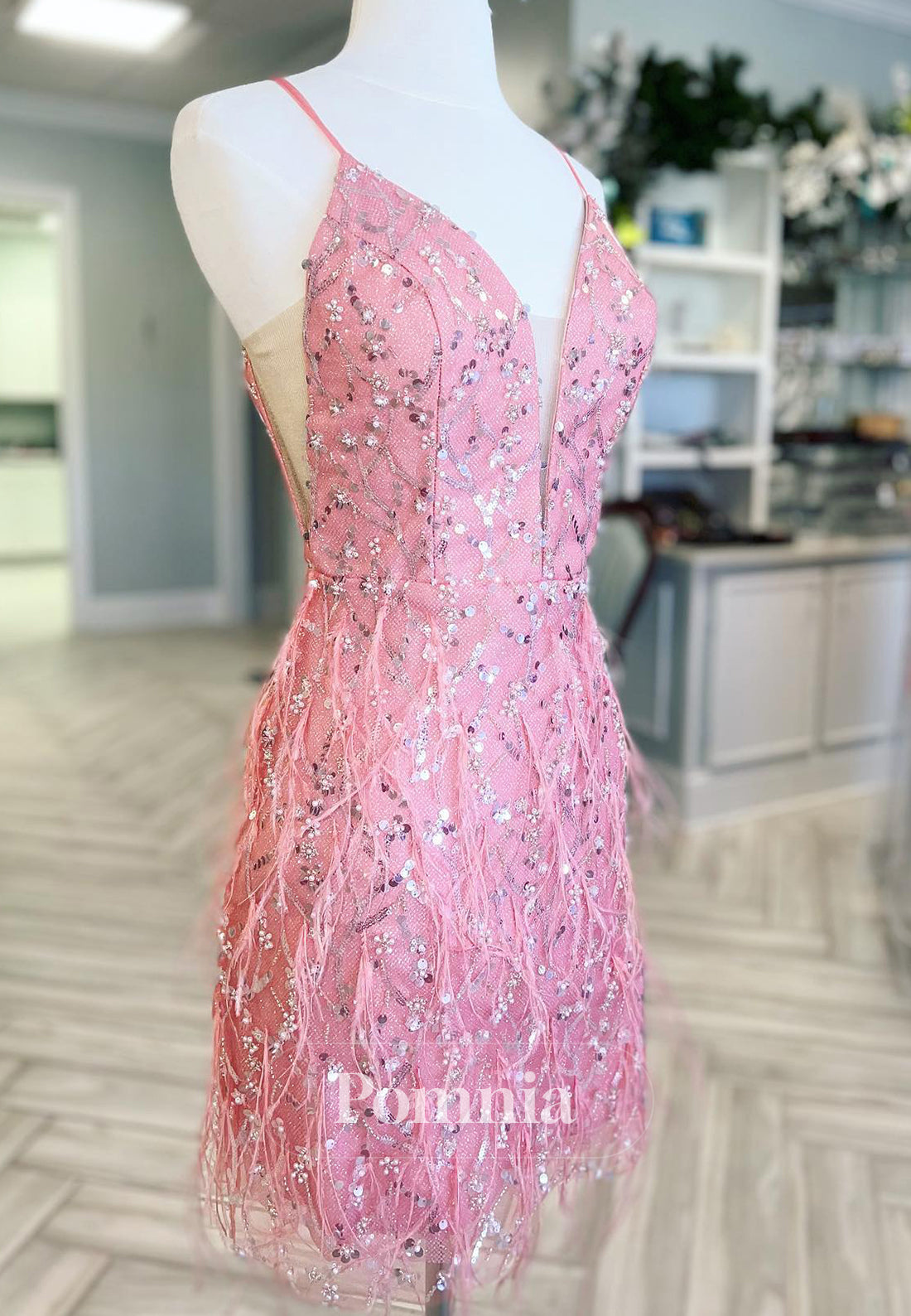 Blushing Pink Spaghetti Straps V-Neck Sequins Mini Homecoming Dress