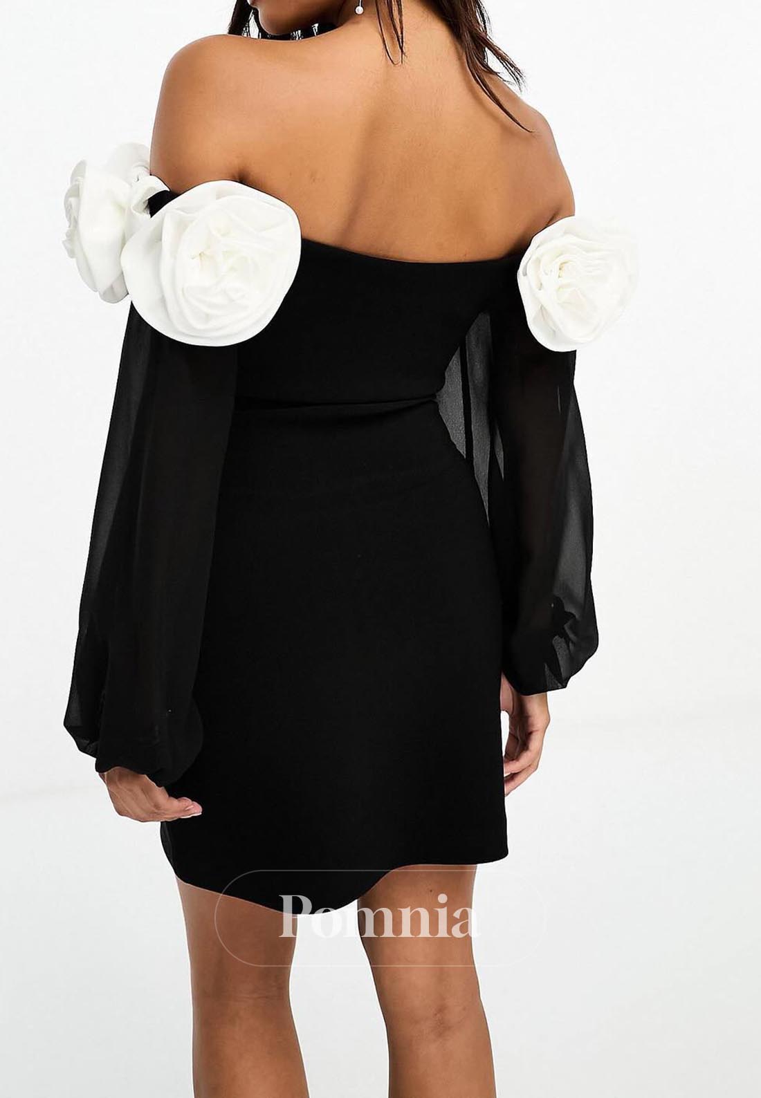 Black Long Sleeves Floral Appliques Short Semi Formal Dress