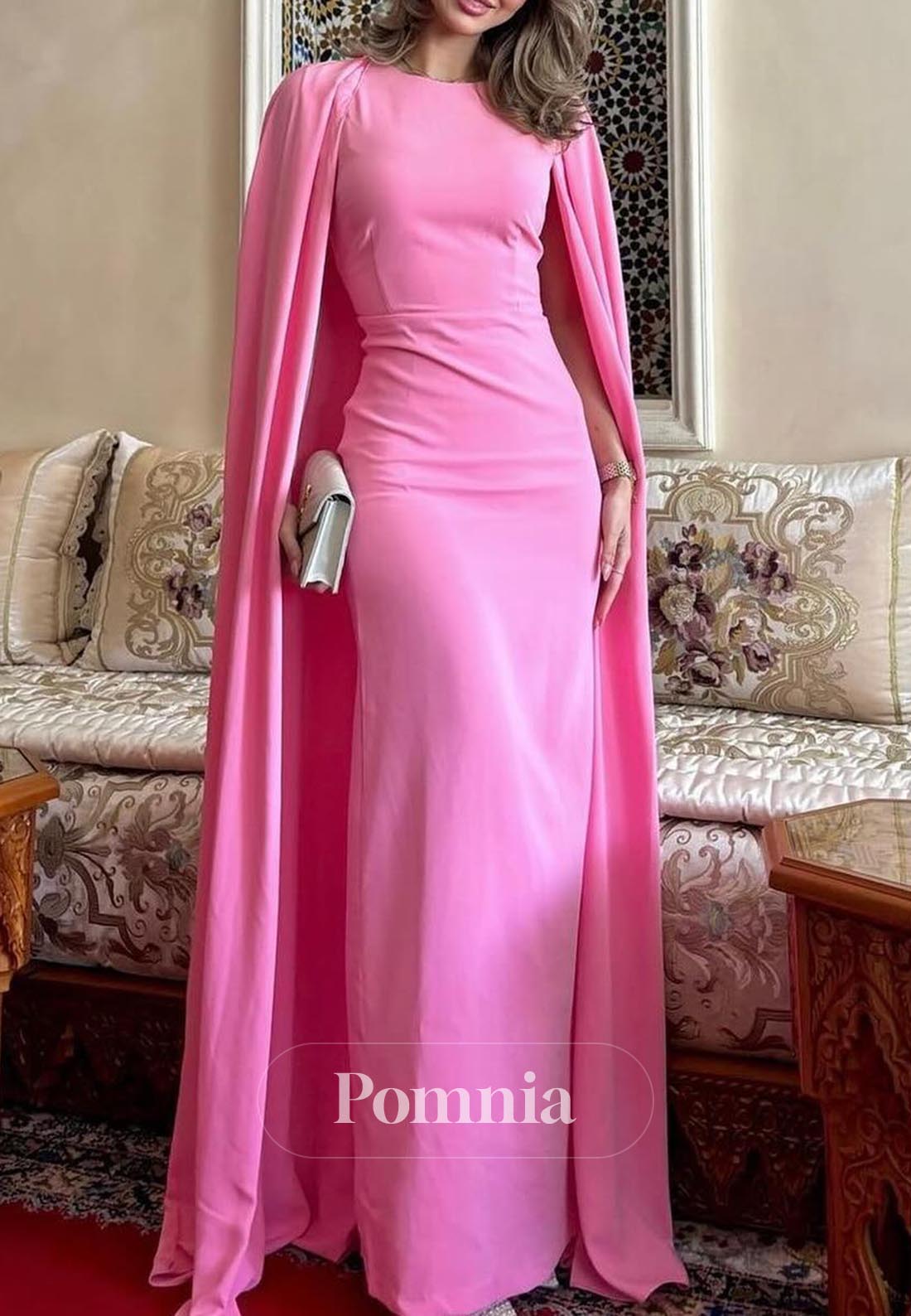 Candy Pink Scoop Cape Ruched Semi Formal Dress