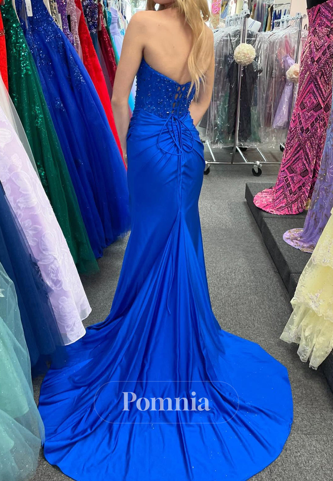 Royal Blue Sleeveless Strapless Slit Prom Dress