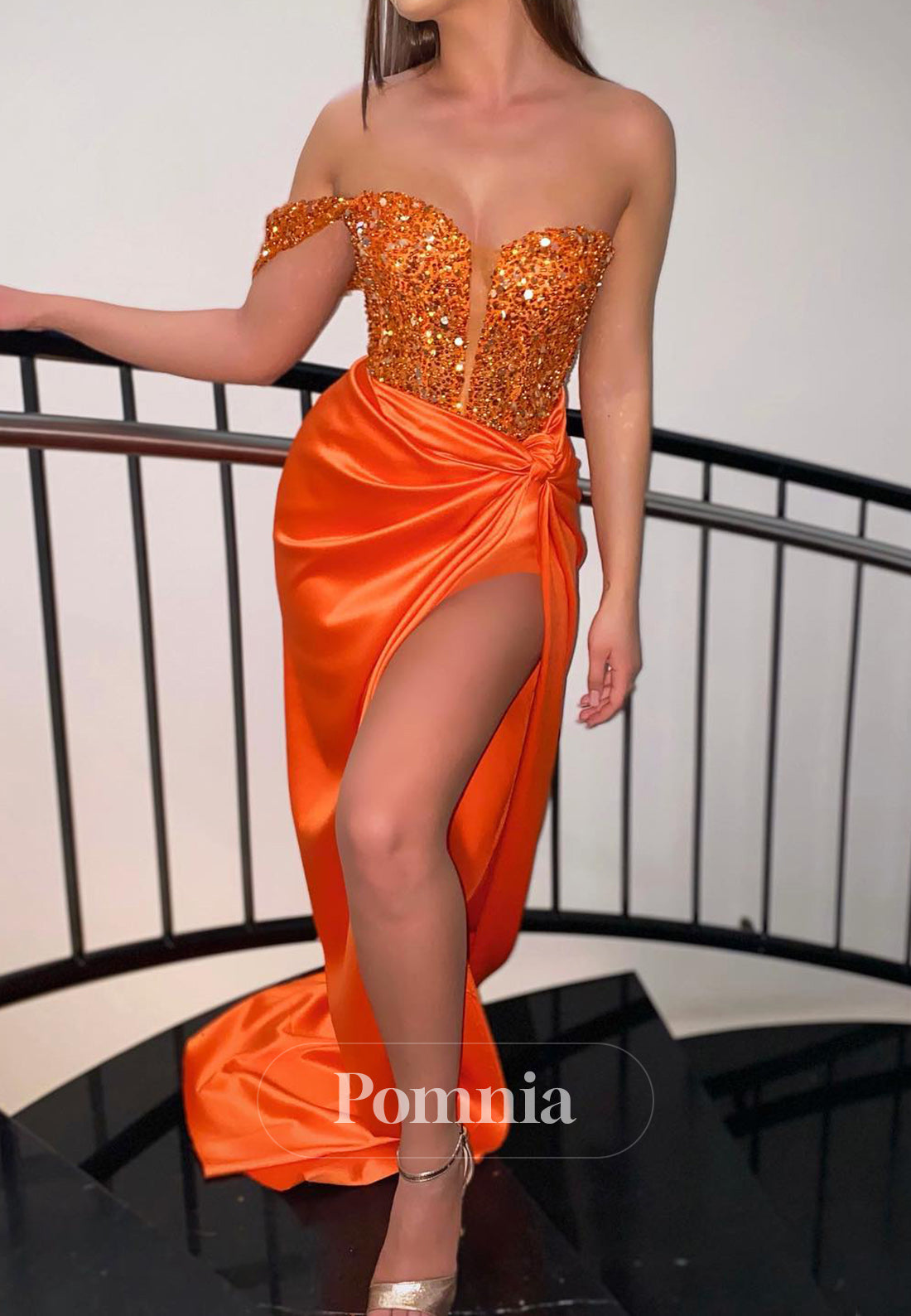 Papaya One Shoulder Sleeveless Slit Ruched Prom Dress