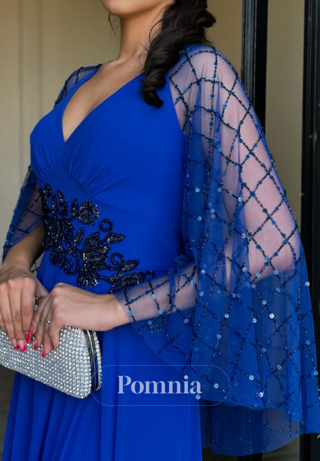 Royal Blue V-Neck Cape Corset Appliques Mother of the Bride Dress