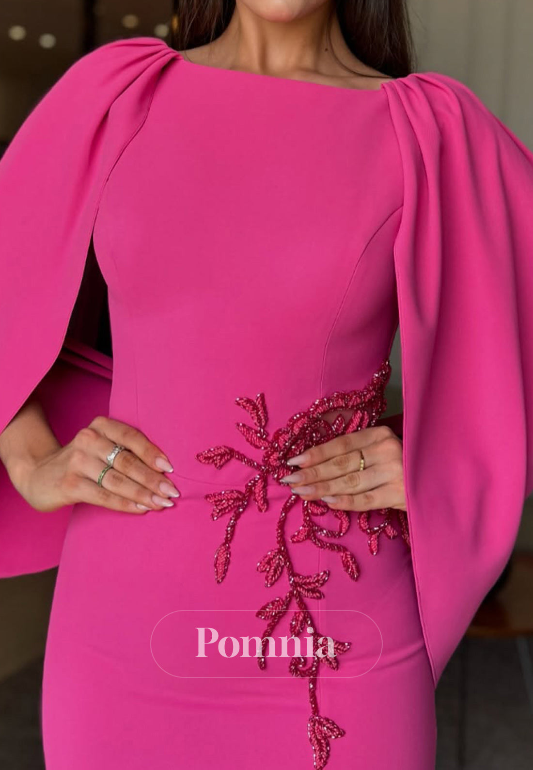 Fuchsia Cap Sleeves Appliques Slit Evening Dress