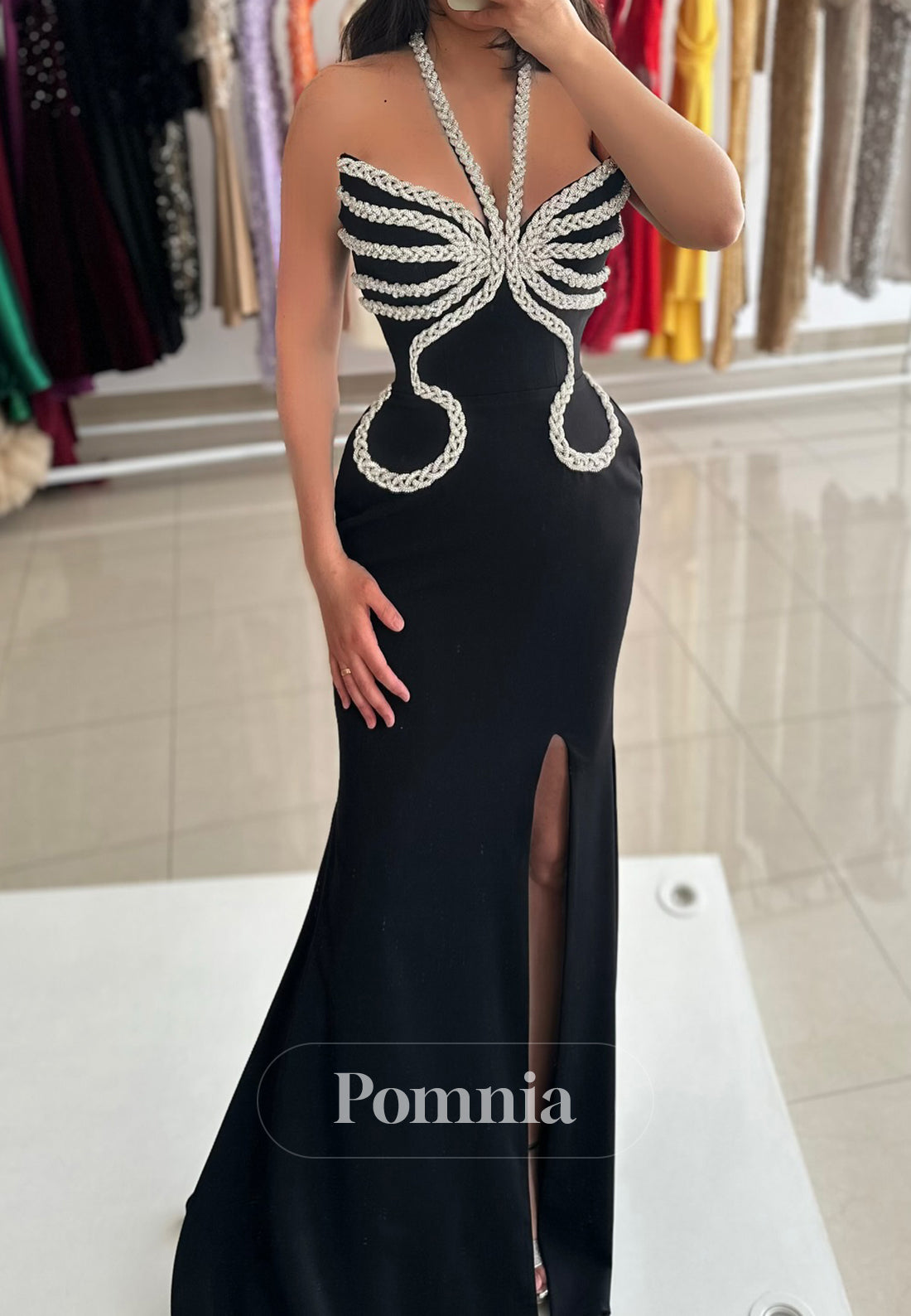 Black Halter Sleeveless Slit Sheath Prom Dress