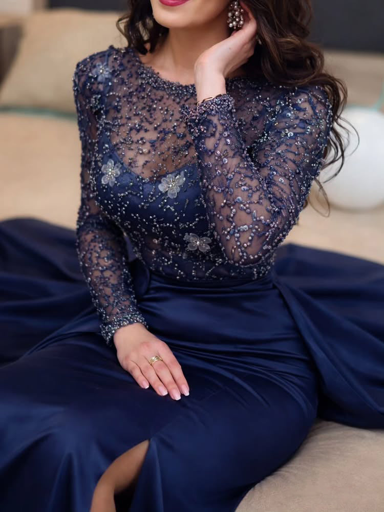 Blue O-Neck Sequins Flowers Sparkle Long Sleeve Flowers Mermaid Side Slit Evening Dress