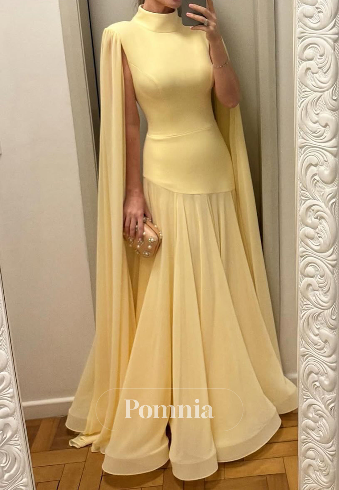 Daffodil Cape High Neck Ruched Corset Evening Dress