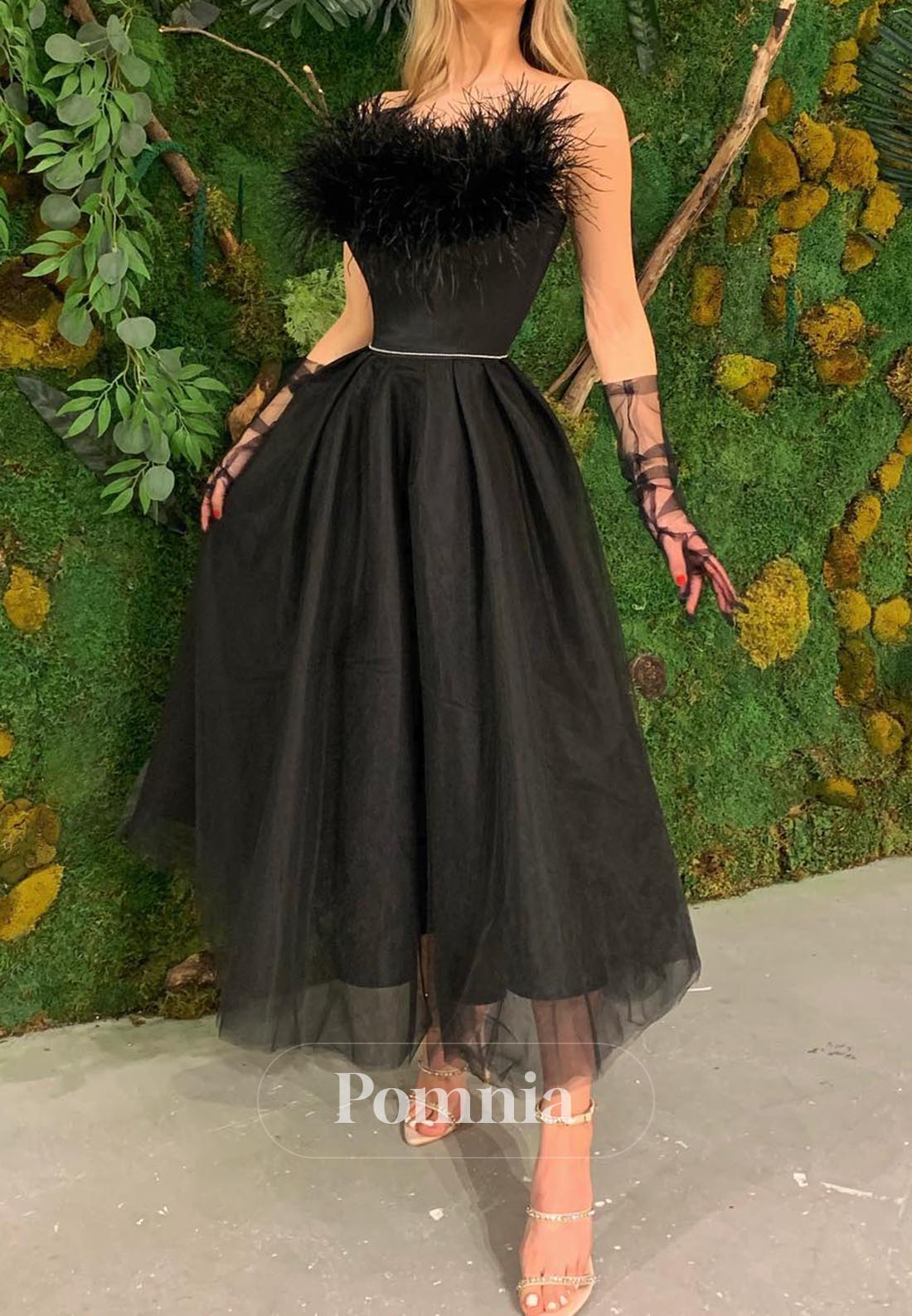 Black Strapless Sleeveless Feathers Lace Evening Dress