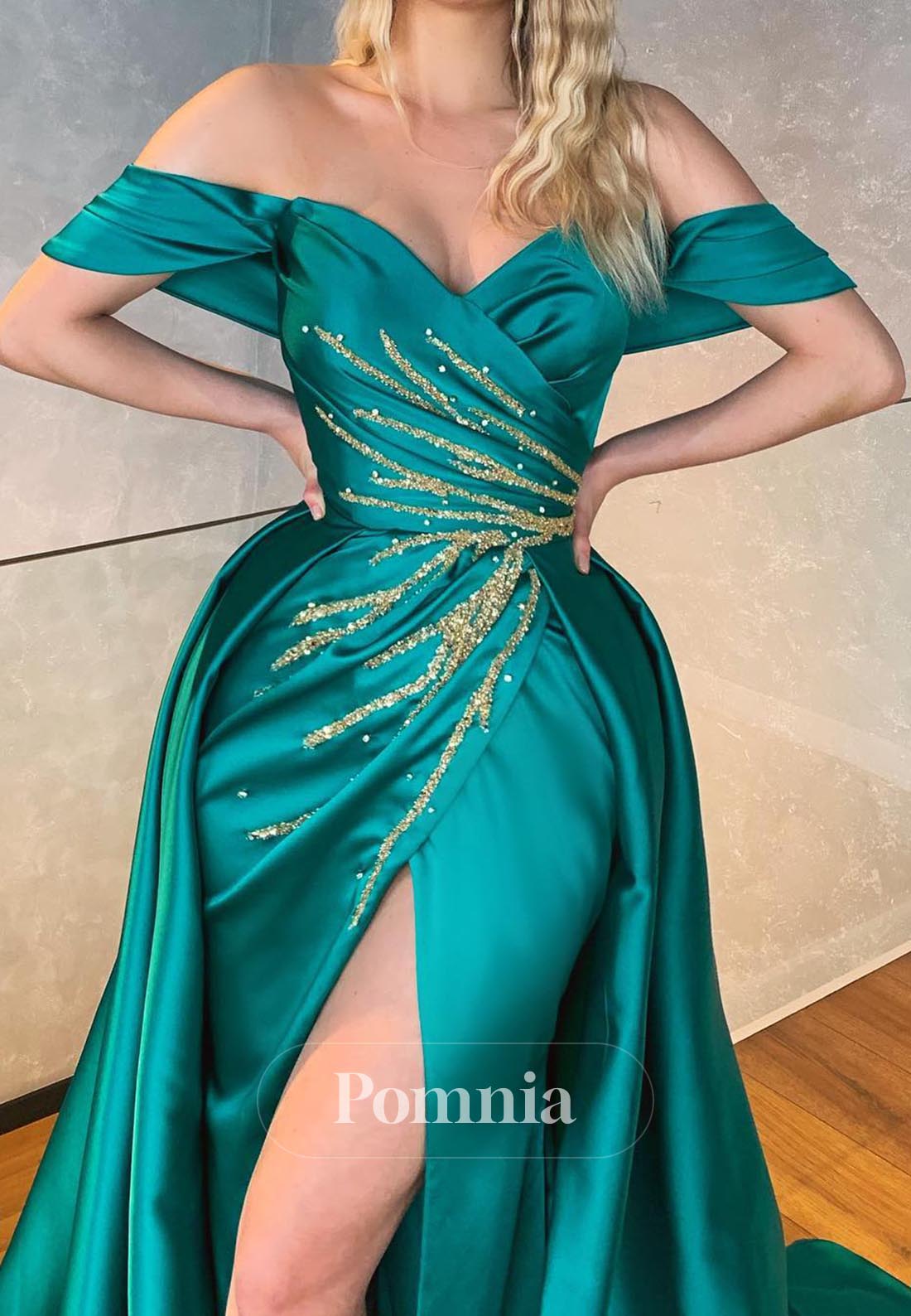 Jade Off-Shoulder Sequins Ruched Slit Evening Dress