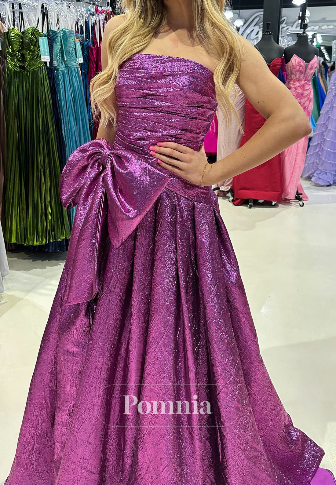 Orchid A-Line Sleeveless Strapless Prom Dress with Bowknot