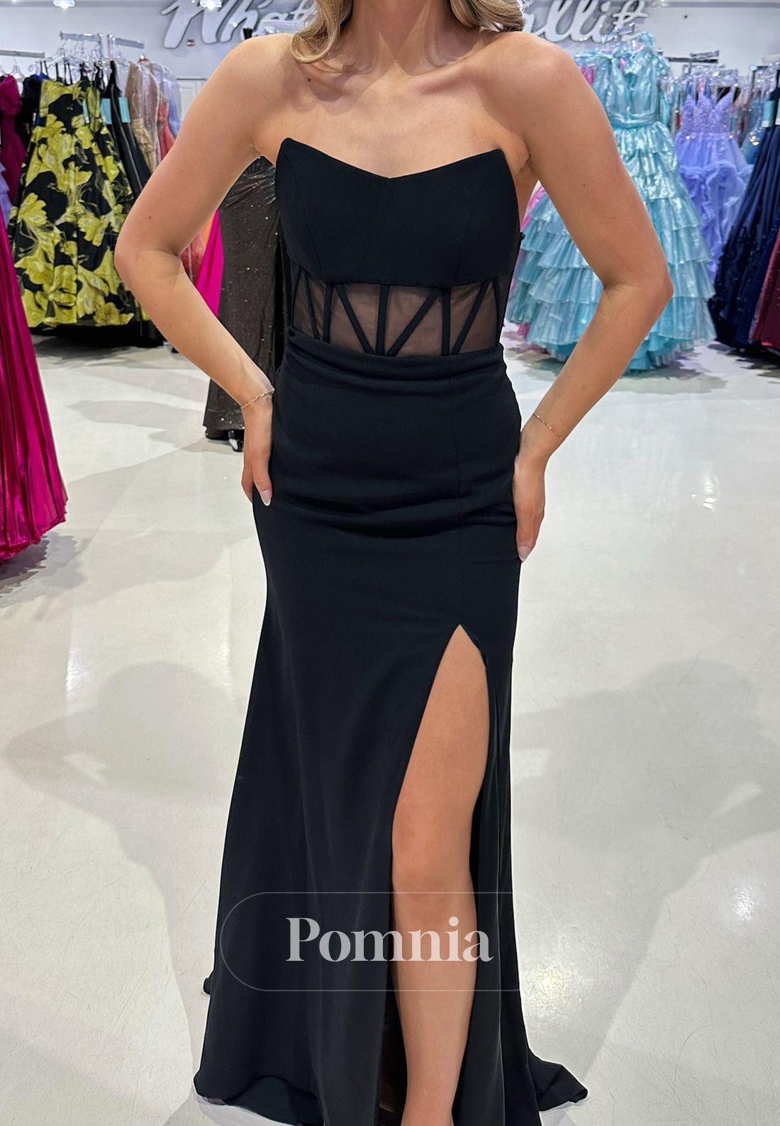 Black Sheath Strapless Sleeveless Prom Dress with Slit Corset Evening Party Dress