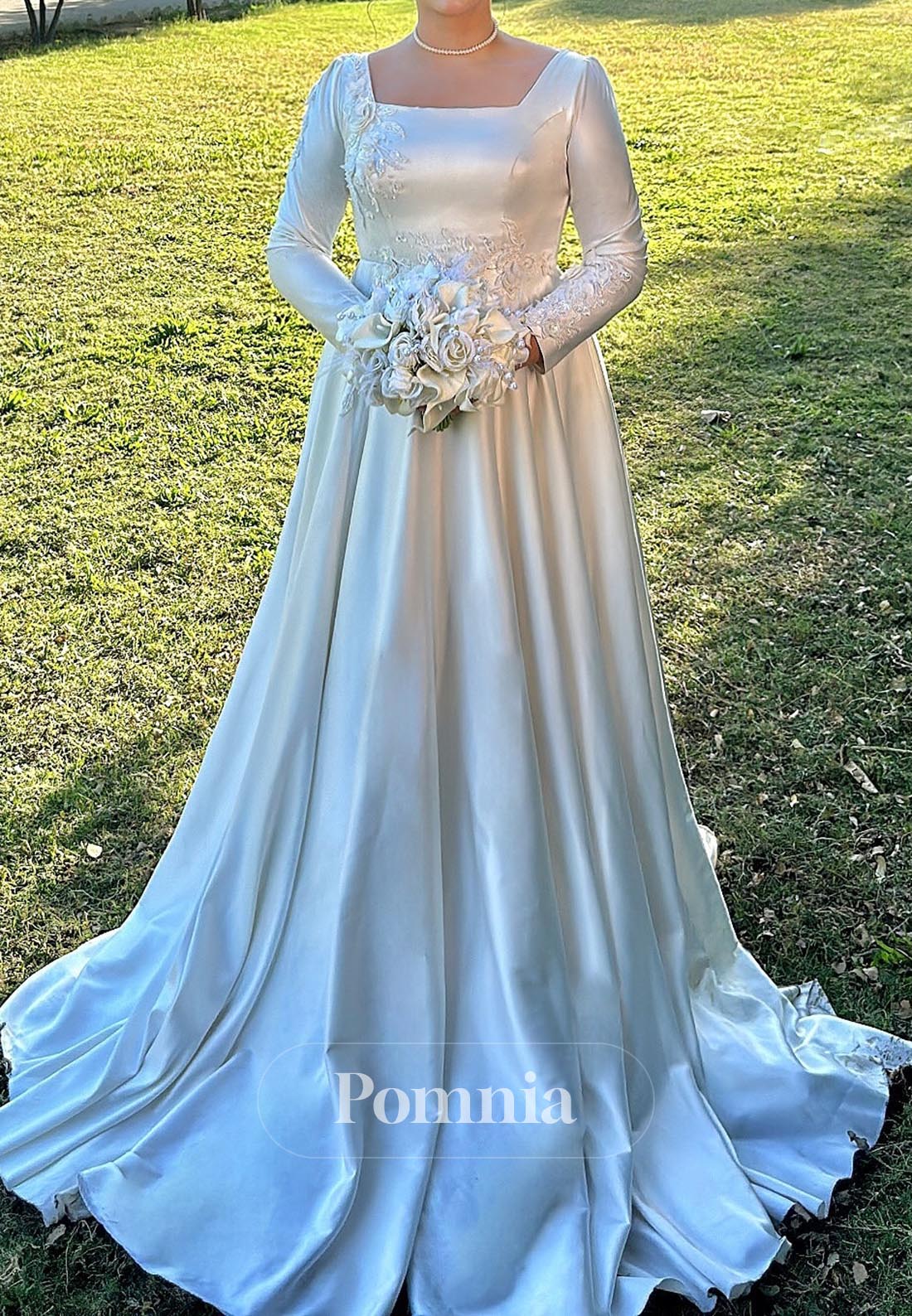 A-Line Long Sleeves Square Appliques Satin Wedding Dress