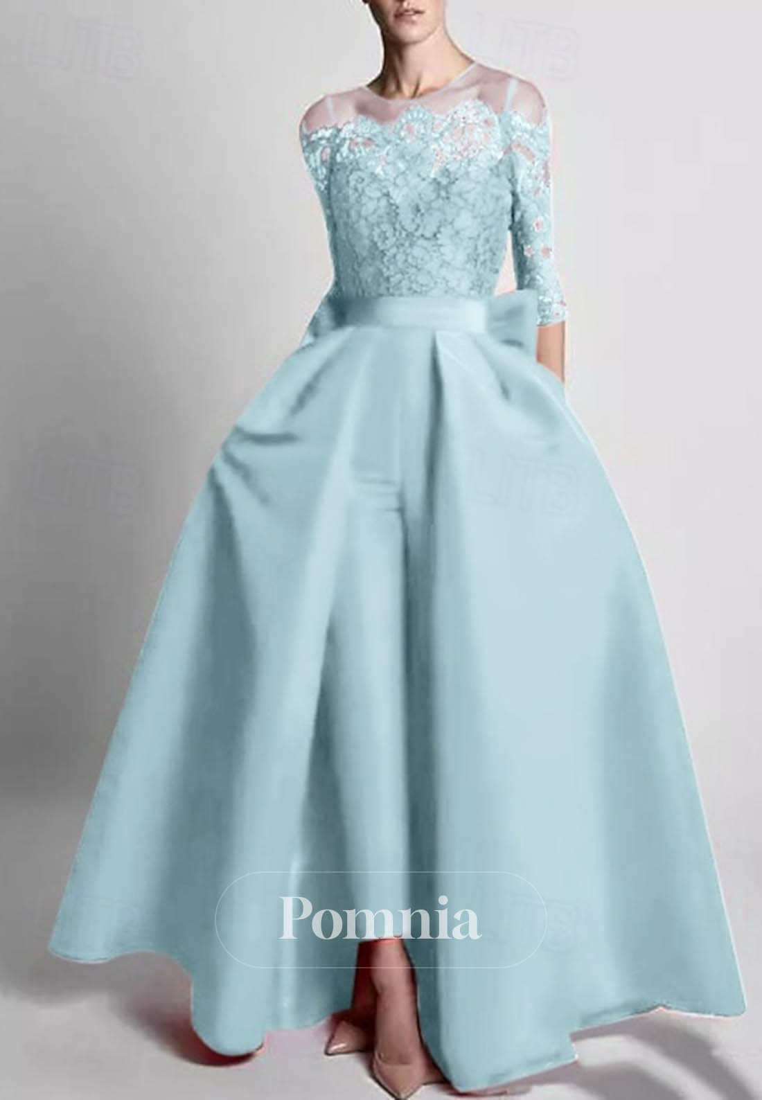 Long Sleeves Scoop Floral Appliques Jumpsuit Bowknot Evening Dress