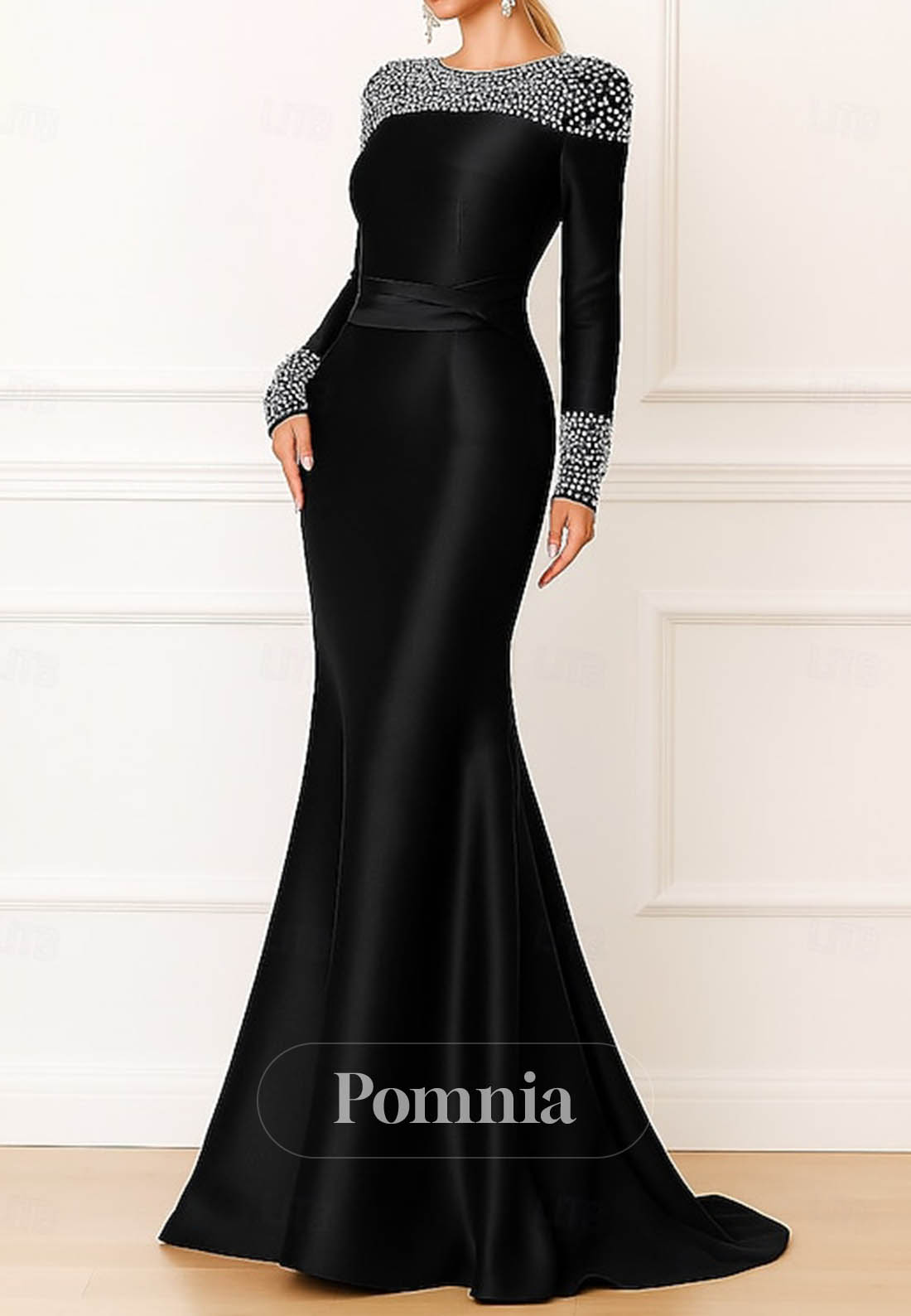Long Sleeves Sequins Scoop Mermaid Satin Evening Dress