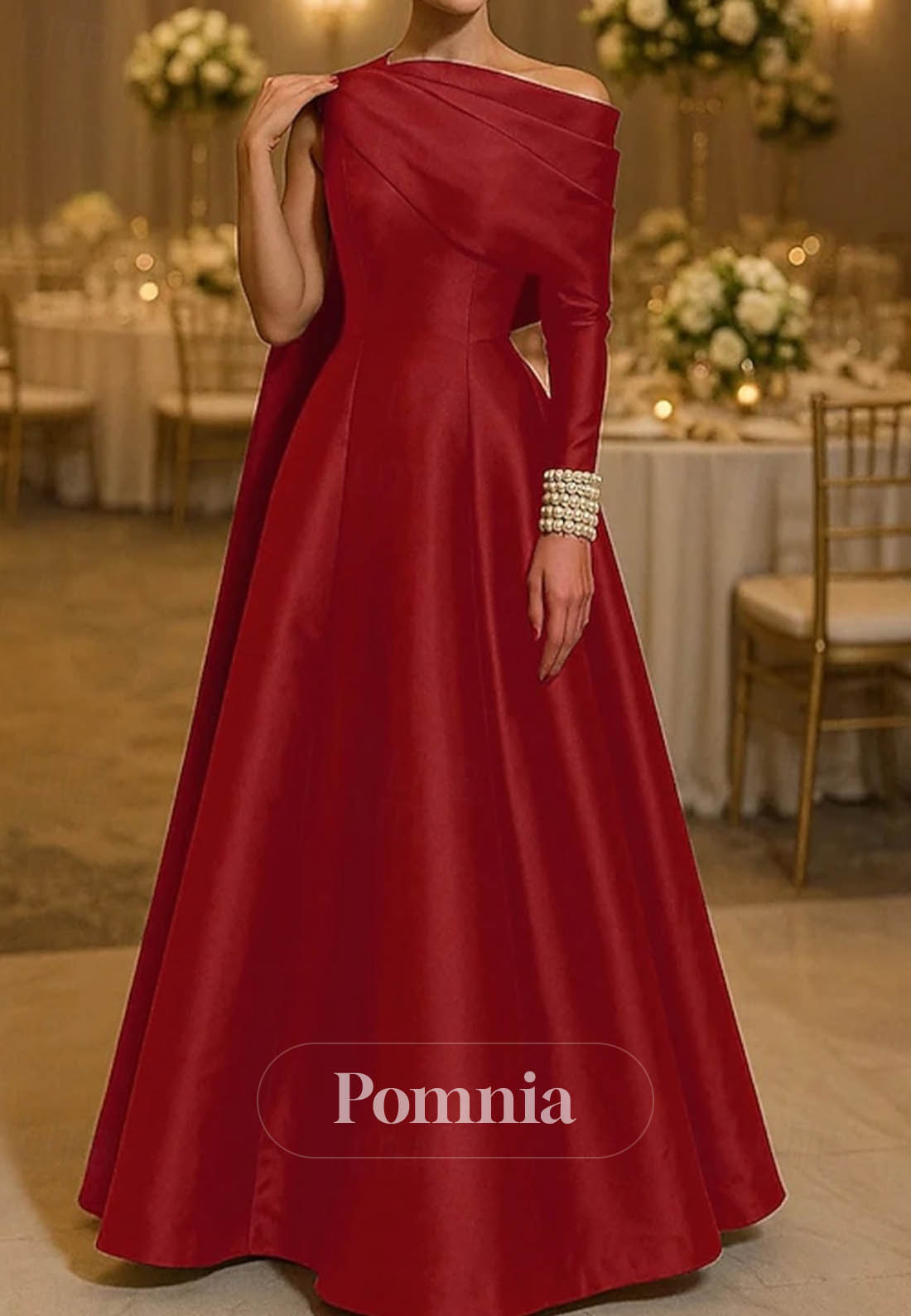 Off Shoulder Formal Wedding Stretch Satin with Pleats Pearls