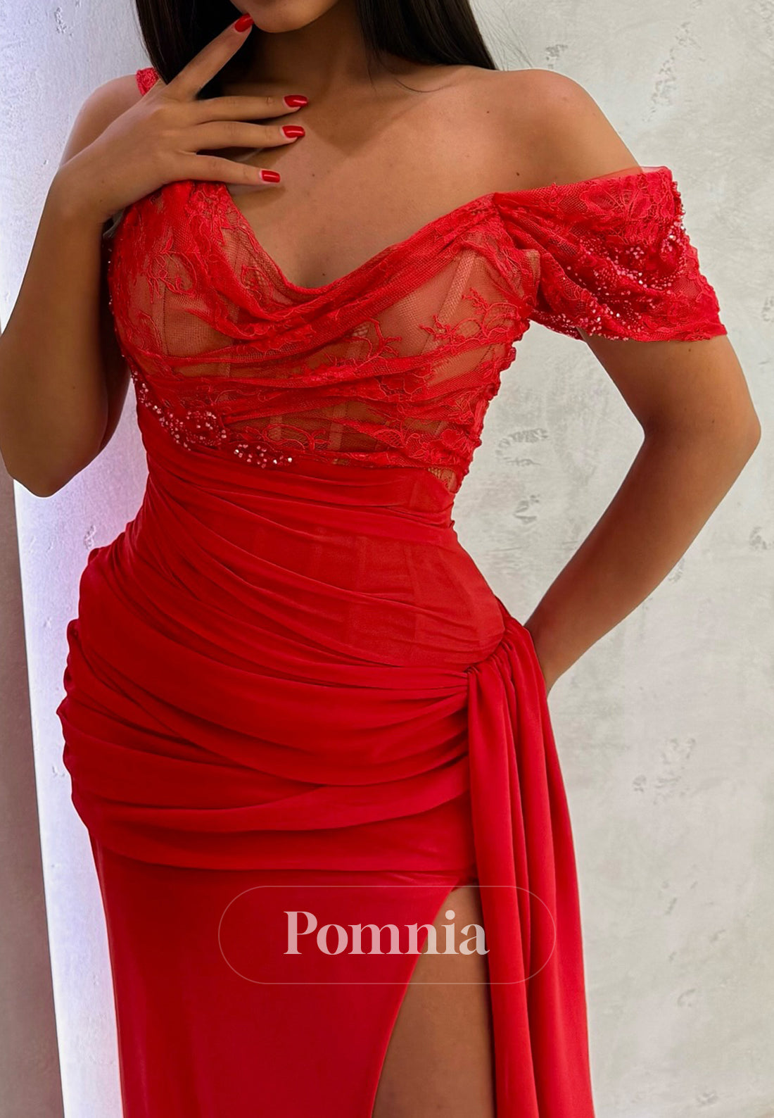 Red Sleeveless Strapless Slit Ruched Prom Dress