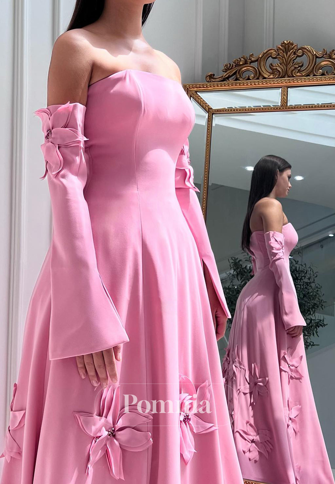 Blushing Pink Half Sleeves Off-Shoulder Floral Appliques Prom Dress