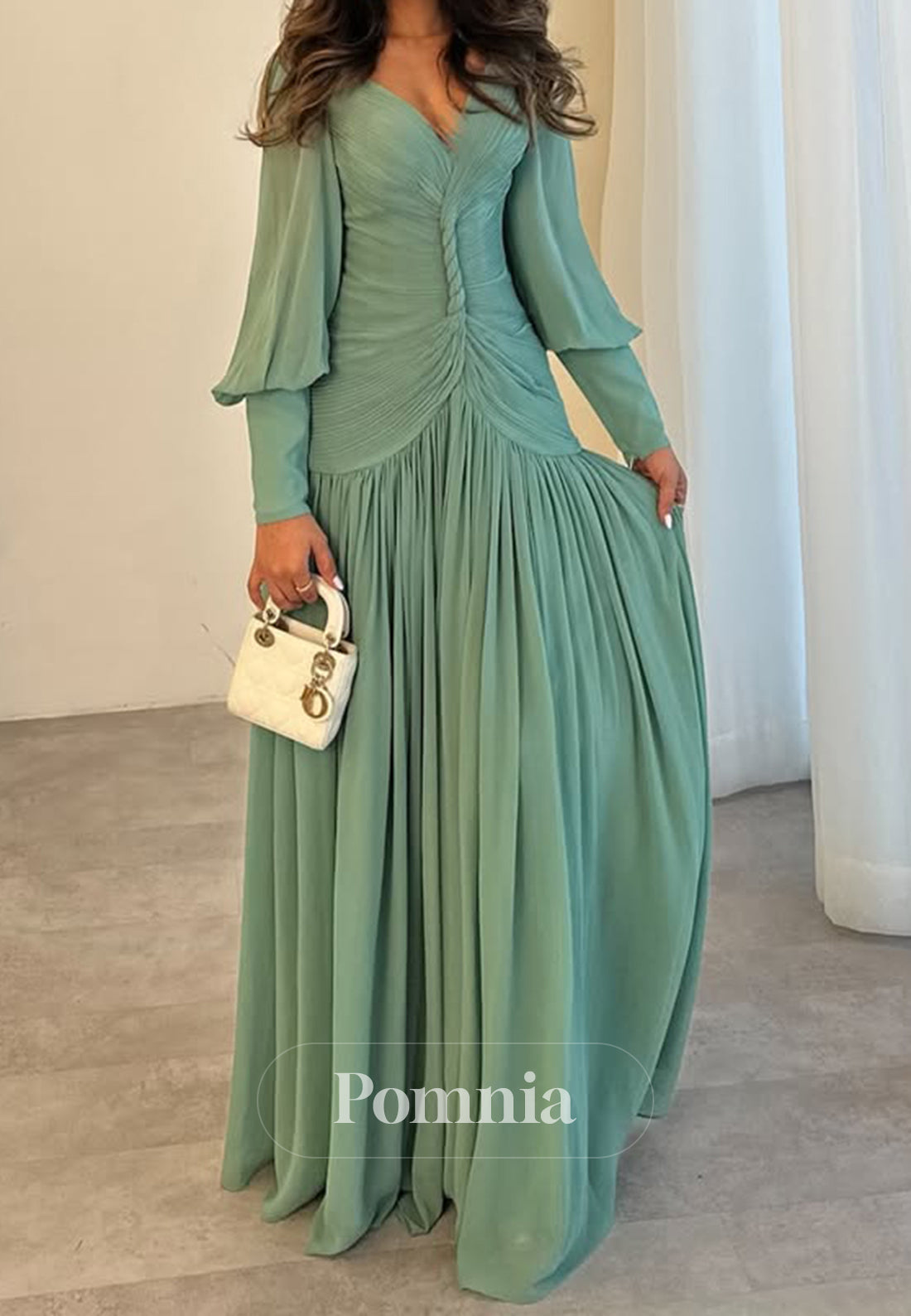 Dusty Sage Long Sleeves V-Neck Ruched Evening Dress