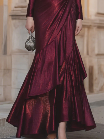 Shine Satin Draped Ruffle Hem Evening Gown