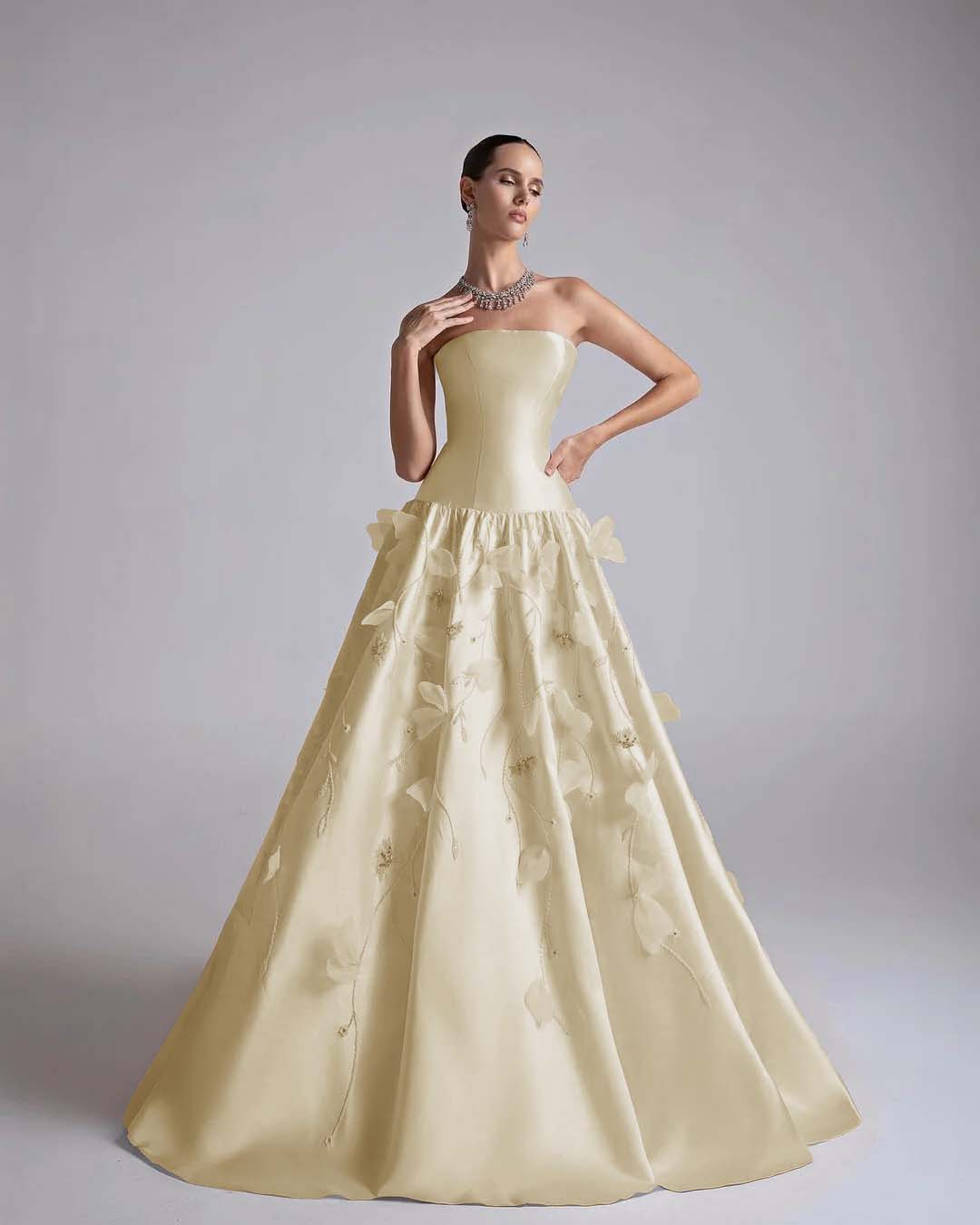 Strapless Sleeveless Long A-Line Prom Dress With Flower Appliqués And Beadings
