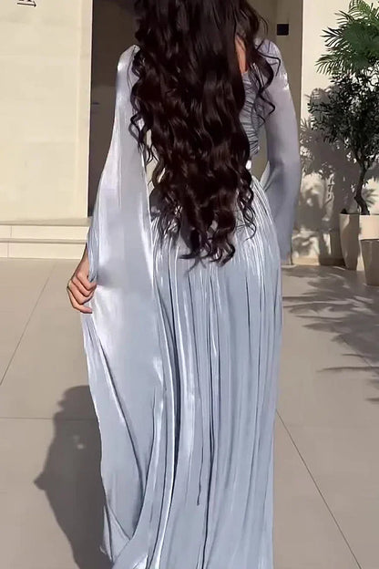 Ruched Irregular Neck Slit Long Sleeve Lace Up Cinch Waist Party Maxi Dresses