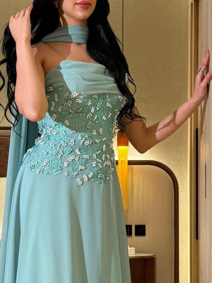 Strapless Beaded Sleeveless A-Line Side Shawl Evening Dress
