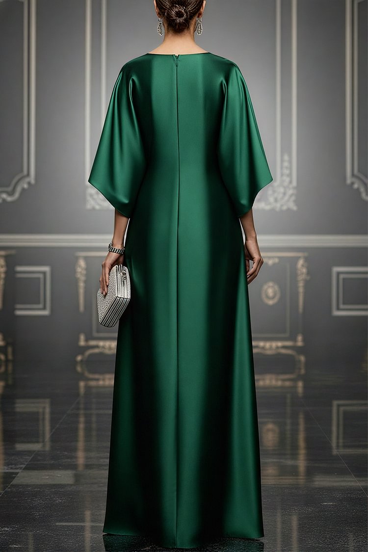 Formal Green Round Neck 3/4 Sleeve Fold Elegant Satin Maxi Dresses