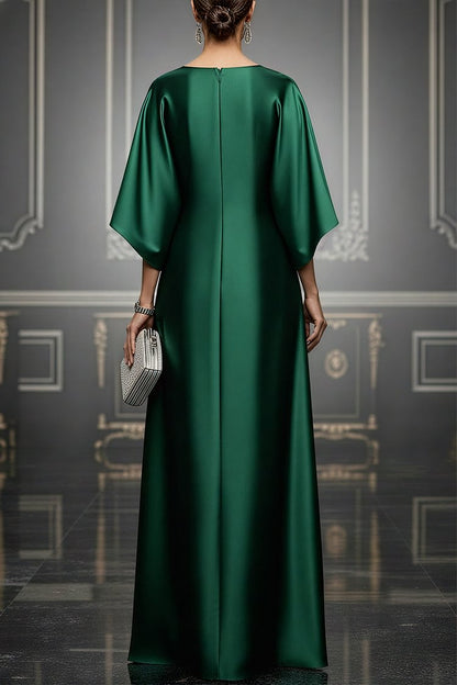 Formal Green Round Neck 3/4 Sleeve Fold Elegant Satin Maxi Dresses