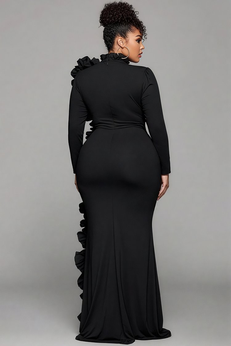 Formal Black Round Neck Long Sleeve Split Elegant Ruffle 3D Satin Maxi Dresses