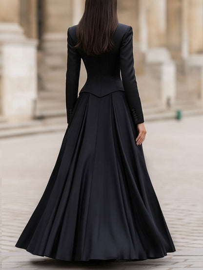 Elegant Tailored Waist Long-Sleeve Maxi Dress