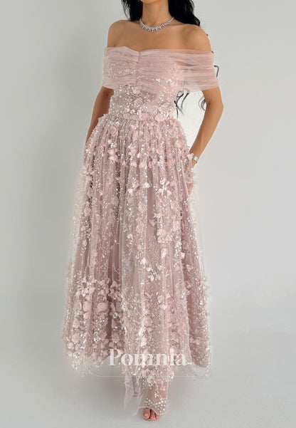 Charming A-Line Off-Shoulder 3D Floral Appliques Evening Dress