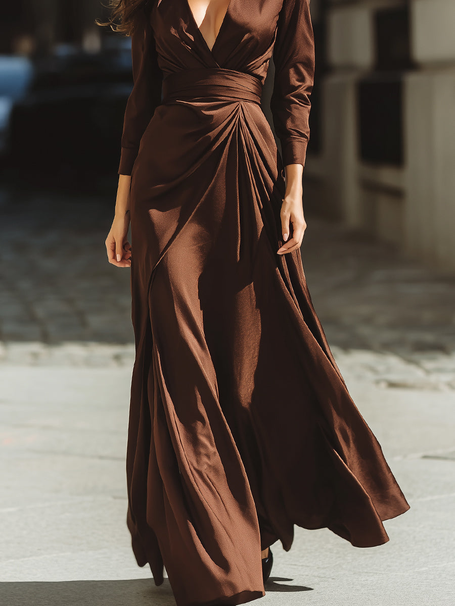 Mocha Satin Wrap Maxi Dress