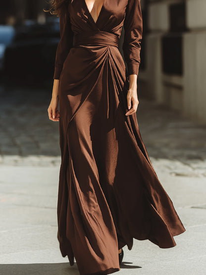 Mocha Satin Wrap Maxi Dress