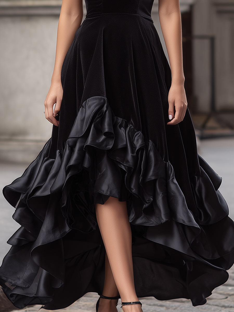 Velvet High-Low Evening Gown With Layered Ruffled Hem
