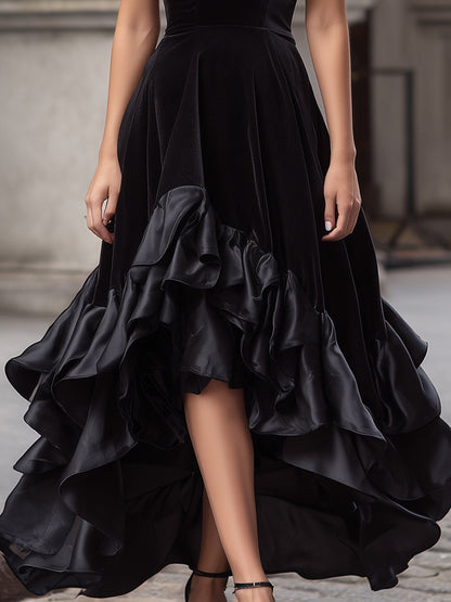 Velvet High-Low Evening Gown With Layered Ruffled Hem