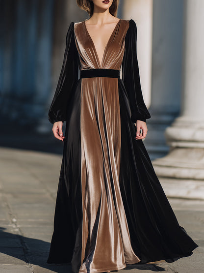 Bronze And Black Velvet Plunge Gown With Long Sleeves