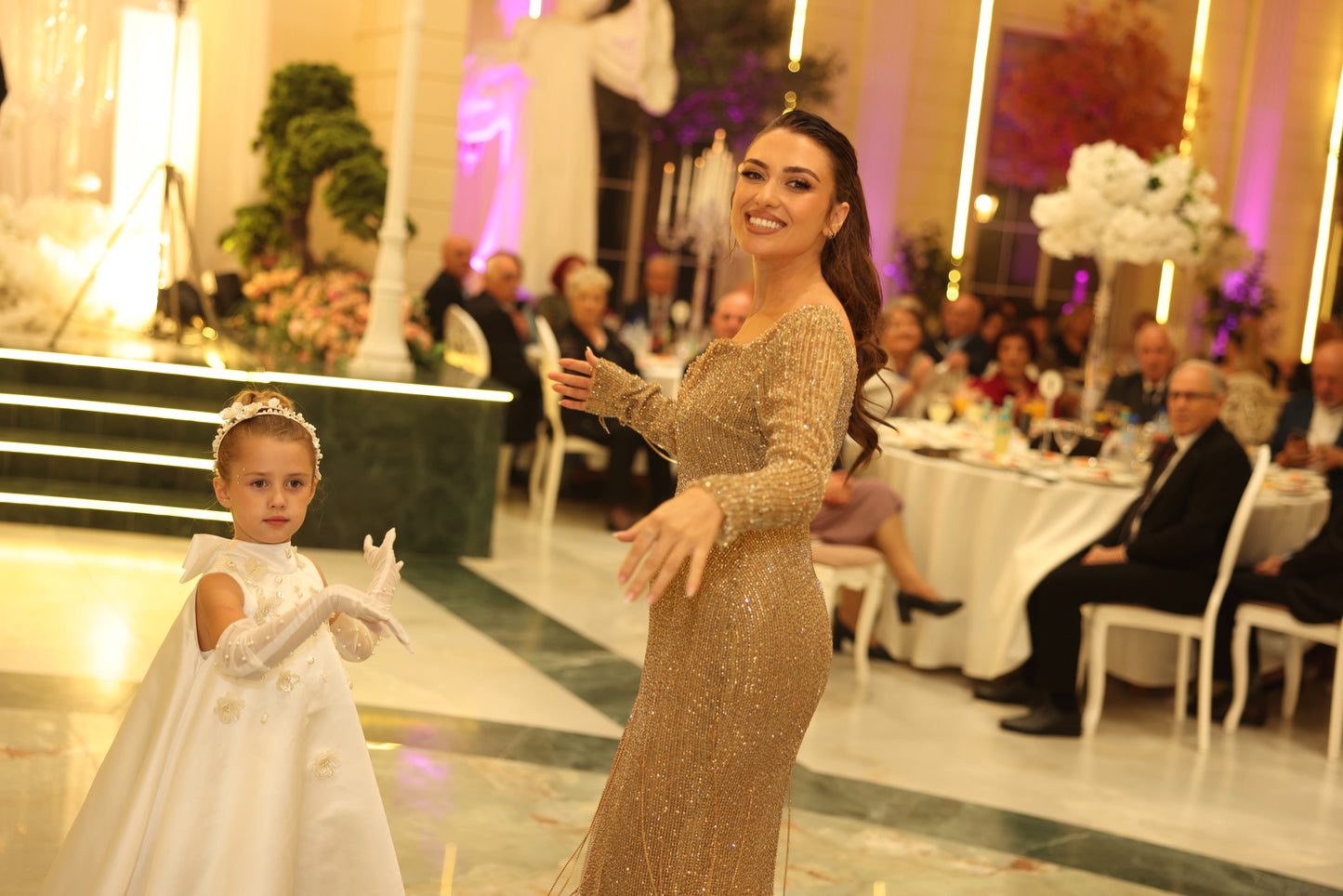 Gold Beaded Long Sleeves Scoop Evening Dress