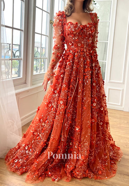 A-Line Long Sleeves Scoop Floral Appliques Evening Dress