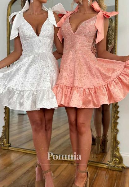 Spaghetti Straps V-Neck Bowknot Sequins Homecoming Dress