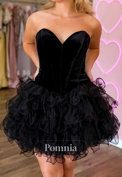 Black Strapless Sleeveless Ruffles Mini Homecoming Dress
