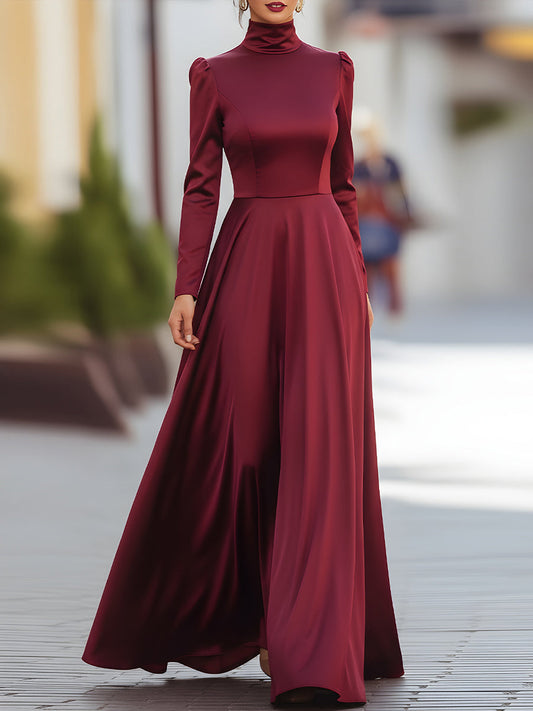 Burgundy Satin Maxi Dress With High Neck And Flowing Skirt