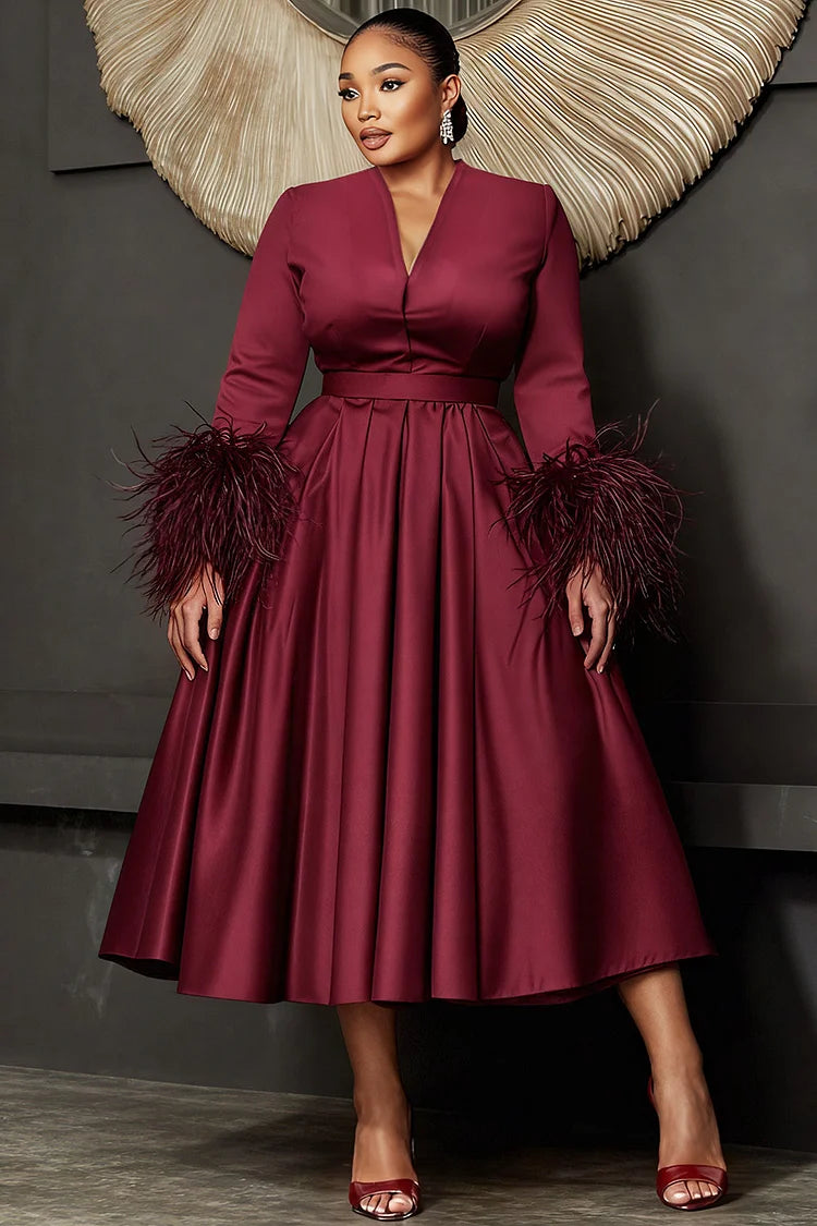 Burgundy V Neck Long Sleeve Feather Elegant Pocket Satin Midi Dress