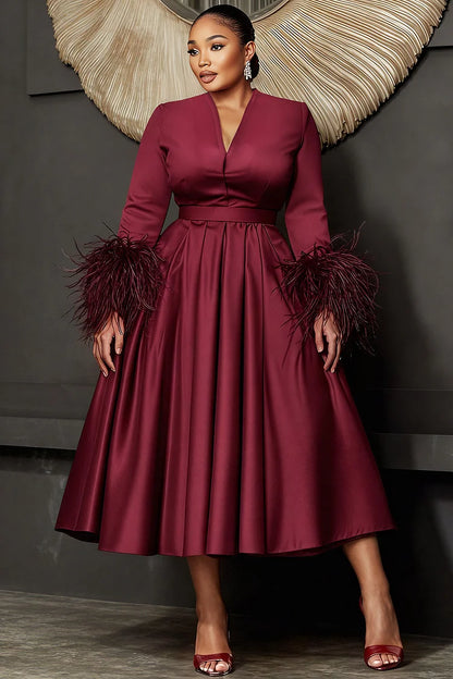 Burgundy V Neck Long Sleeve Feather Elegant Pocket Satin Midi Dress