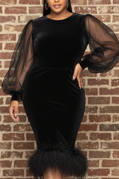 Cocktail Party Tulle Black Round Neck Lantern Sleeve Long Sleeve Feather Velvet Midi Dress