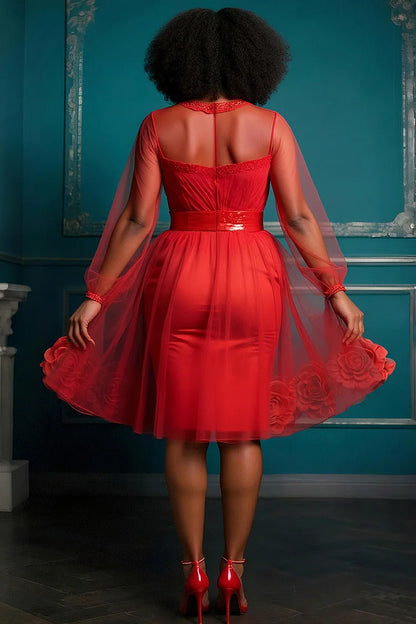 Party Red Round Neck Long Sleeve 3D Elegant See Through Tulle Midi Dress