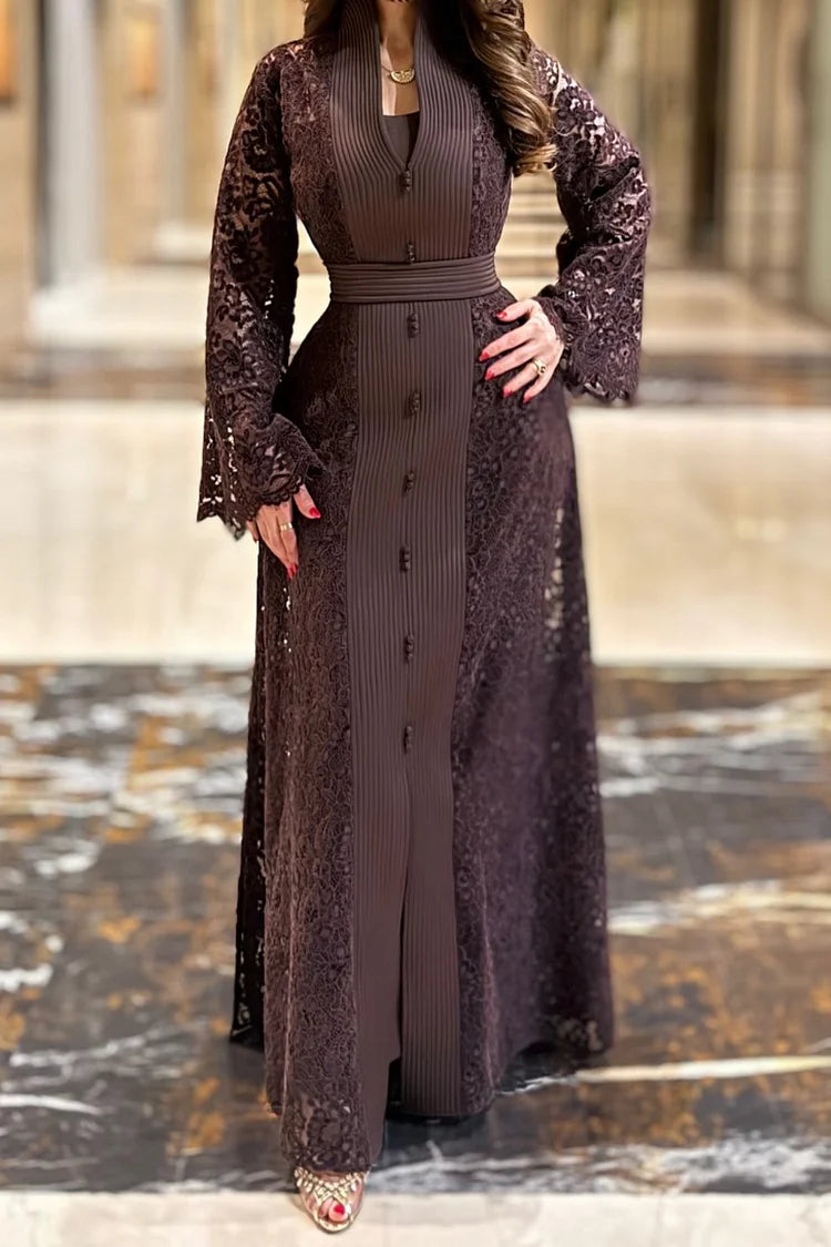 Water Soluble Lace Slit Abaya Strapless Maxi Dresses 2pcs Set